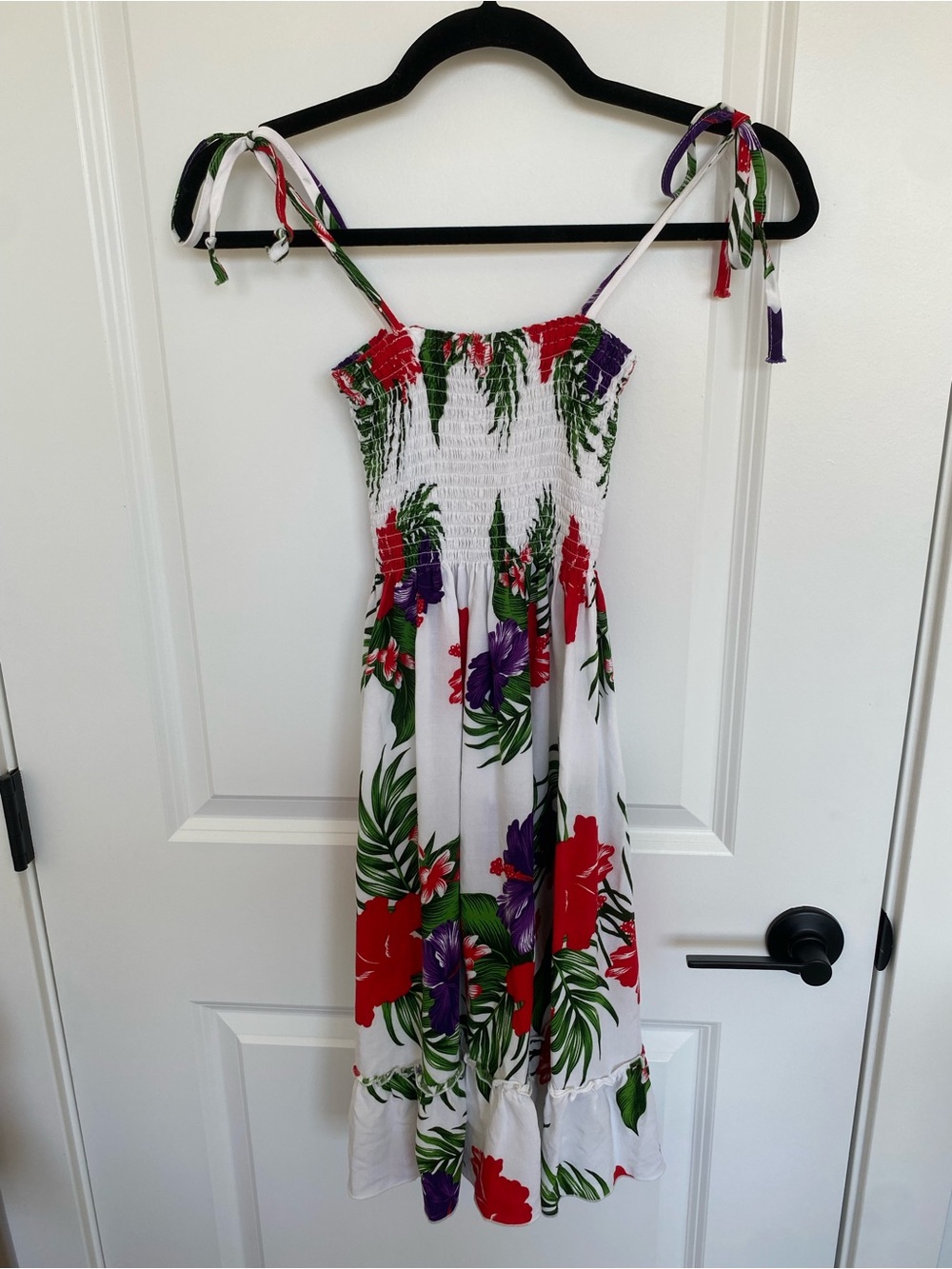 White Tropical Floral Tie-Strap Smock Top Sundress - Red & Purple Flowers